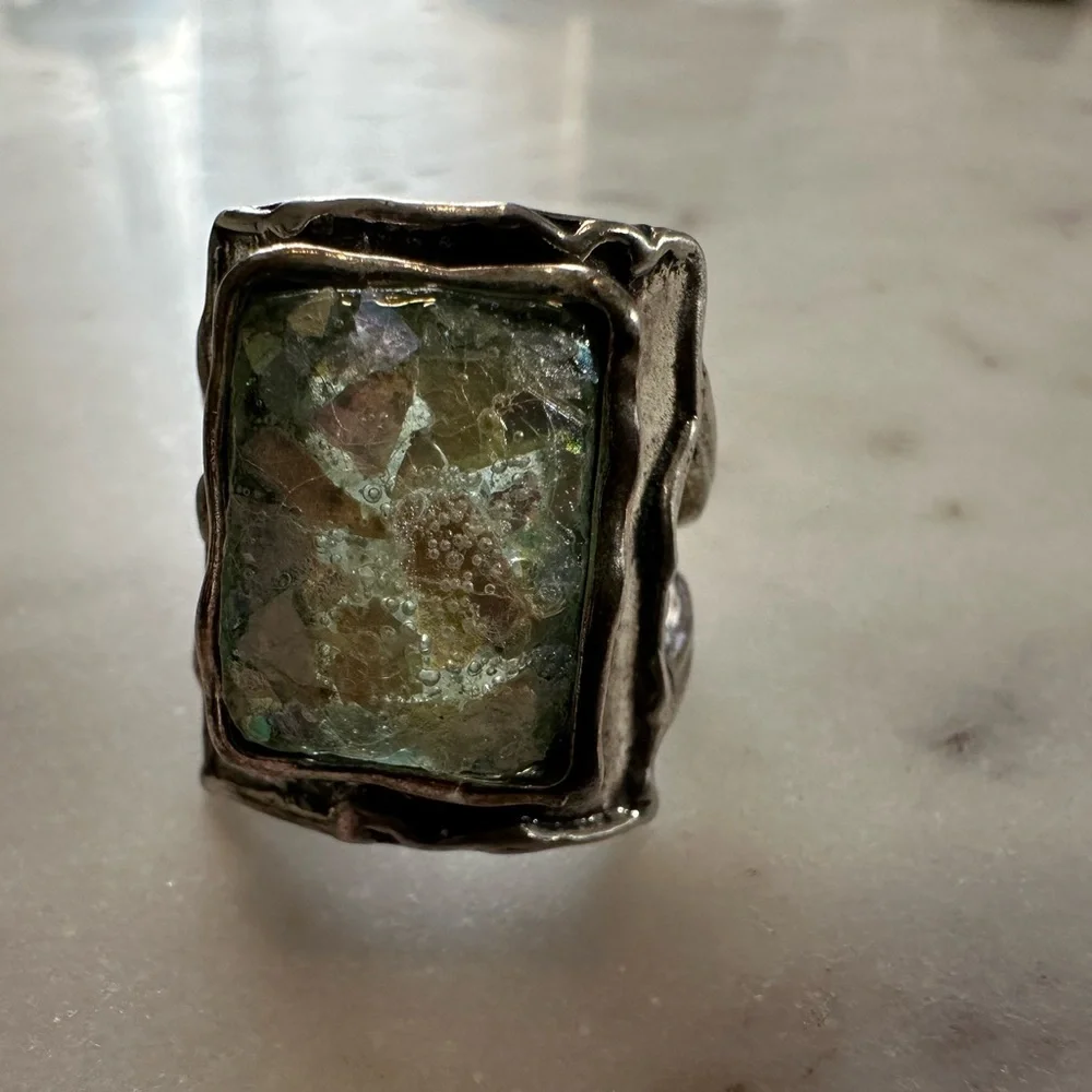 Vintage PZ Israel Sterling Silver and Roman Glass size 11 925